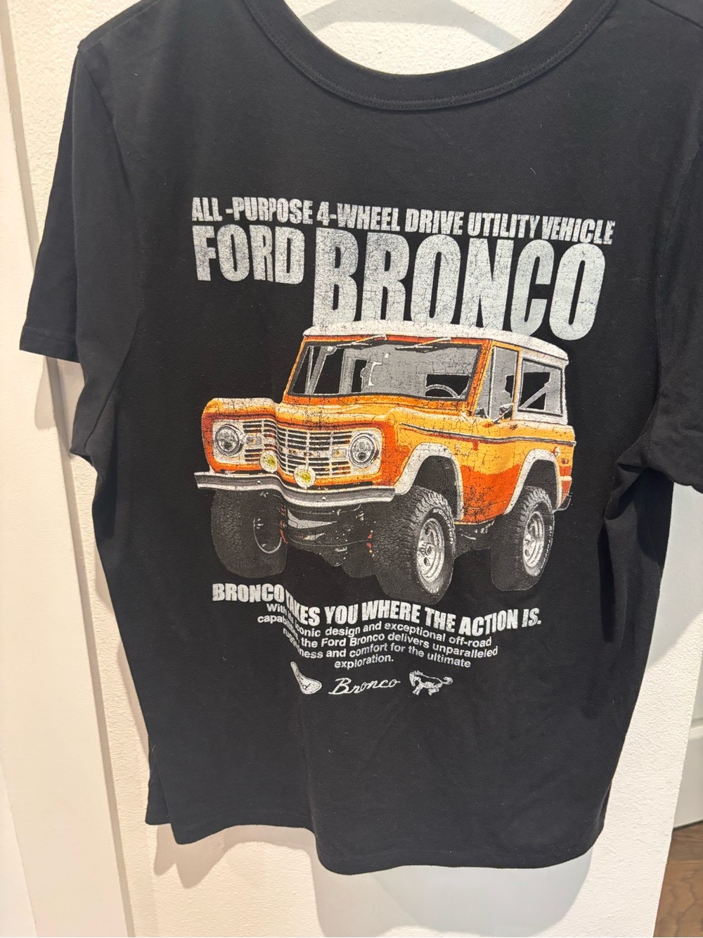 Hybrid Apparel Black Tee with Orange Ford Bronco Graphic